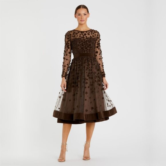 NWT Mac Duggal Embellished Illusion High Neck Fit & Flare Dress Coffee 14 #8521 - Picture 1 of 8